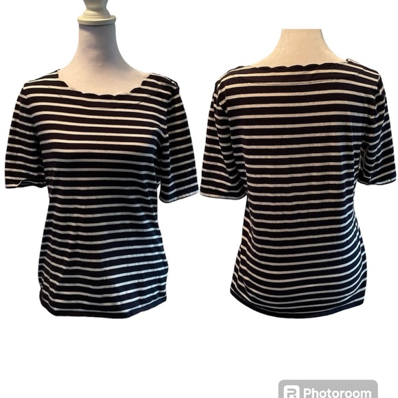 Talbots Tops - Talbots Navy & White Striped Short Sleeve Scallop Round Neck Women’s Tee Small